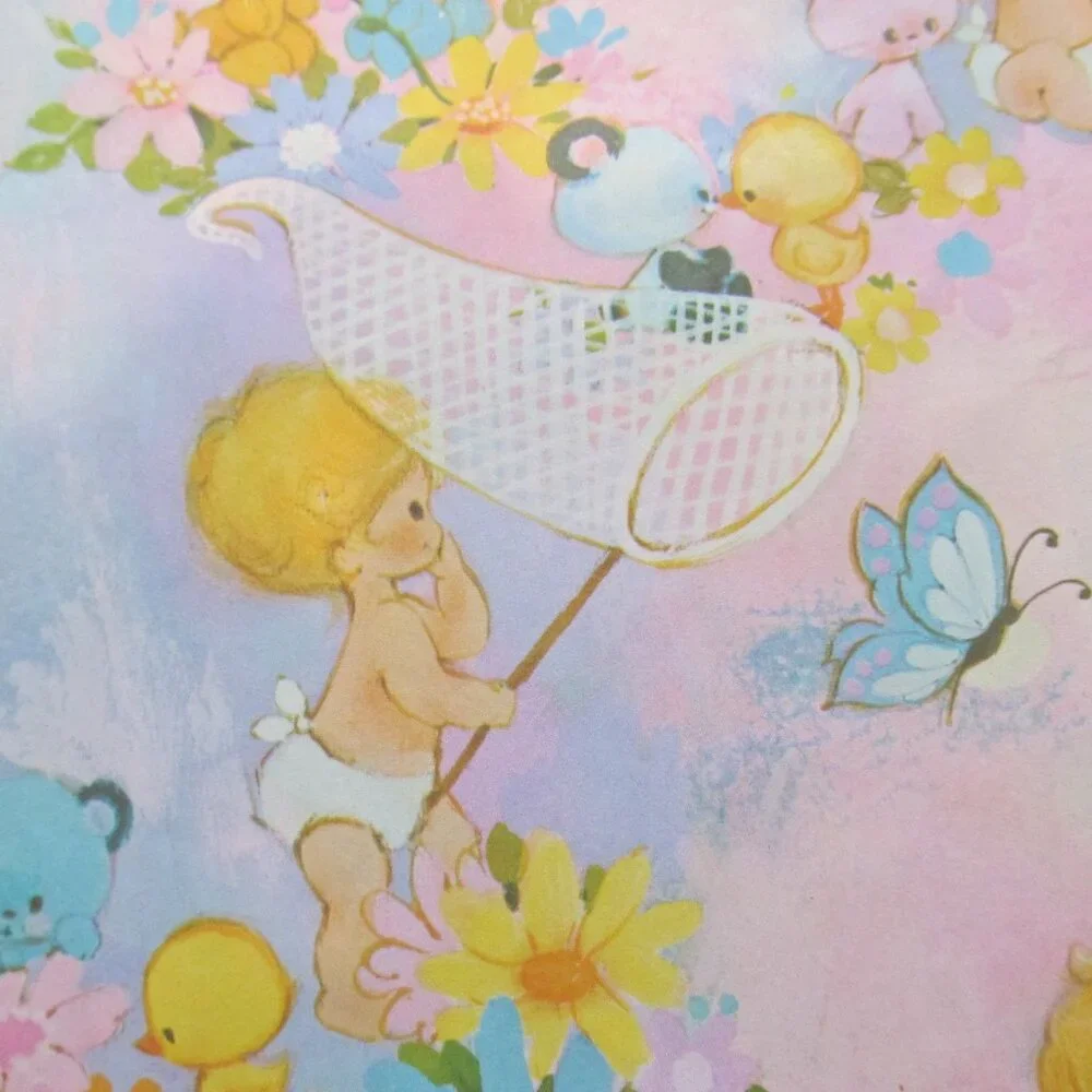 Vintage Baby Gift Wrap Cute Bears Bunnies Ducks Kittens Butterflies Nets 1 Piece